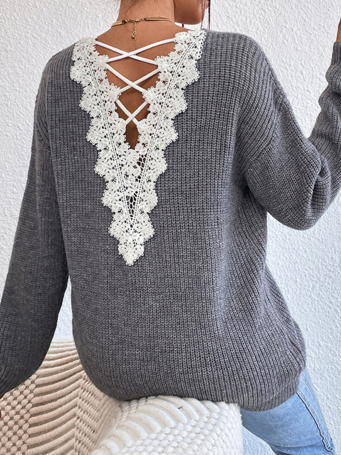 Crisscross V-Neck Long Sleeve Sweater-BT8D