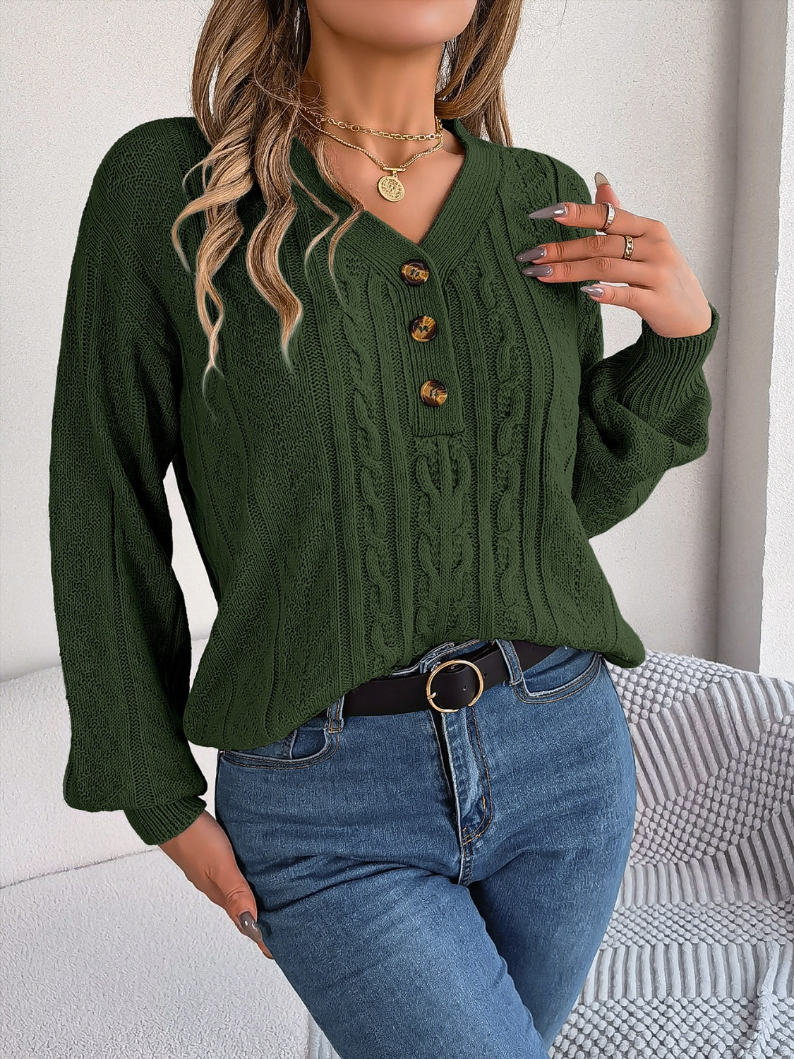 Cable-Knit V-Neck Long Sleeve Sweater-BT8D