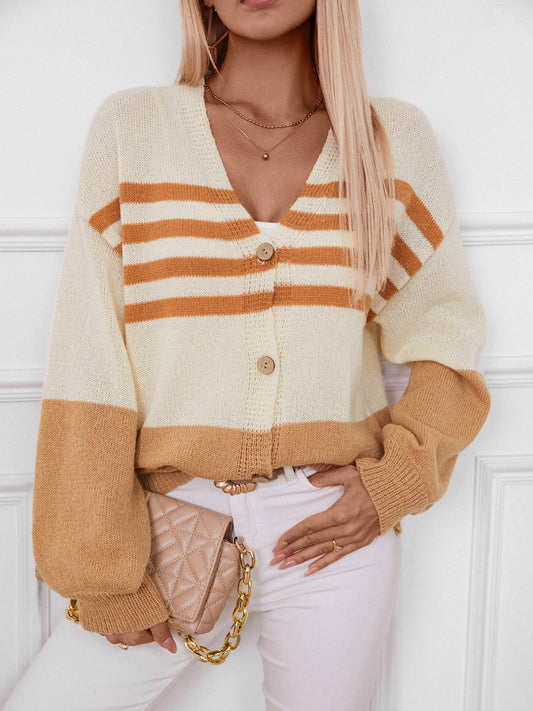 Color Block V-Neck Button Down Long Sleeve Cardigan-BT8D