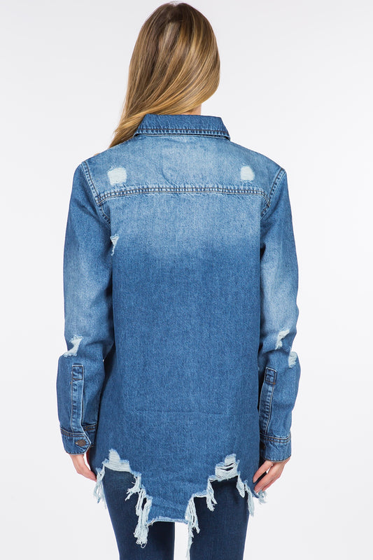 American Bazi Distressed Frayed Hem Denim Jacket-BT8D