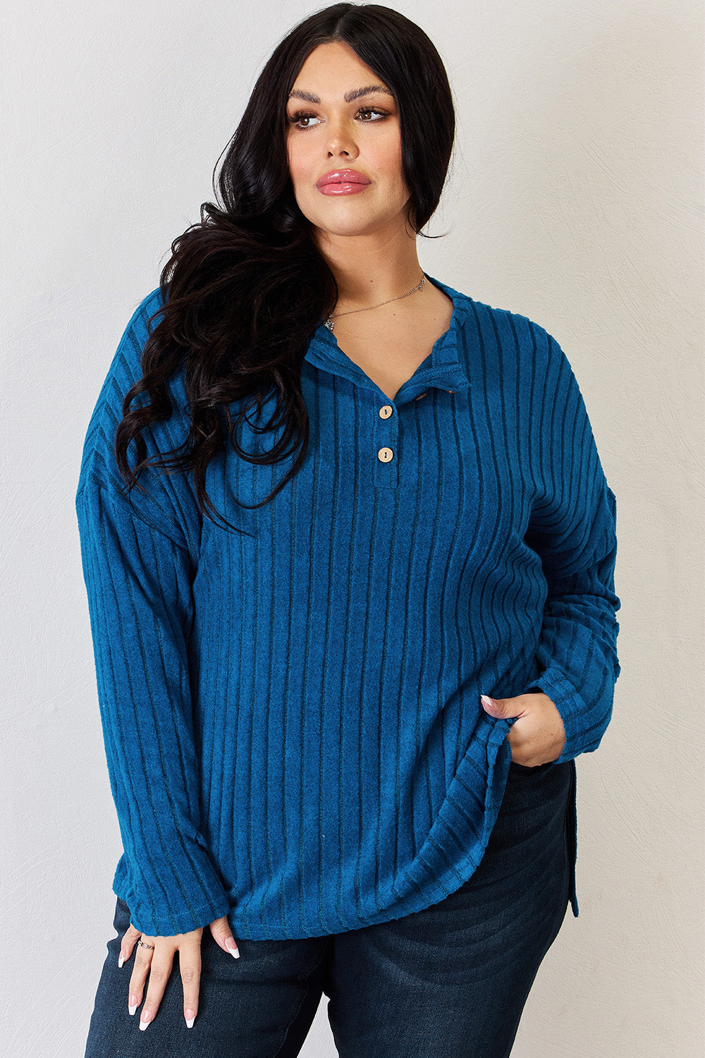 Basic Bae Full Size Ribbed Half Button Long Sleeve High-Low T-Shirt-BT8D