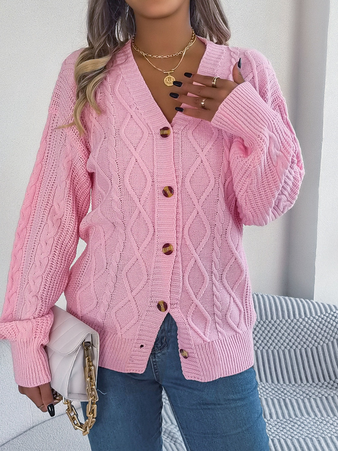 Cable-Knit Long Sleeve Cardigan-BT8D