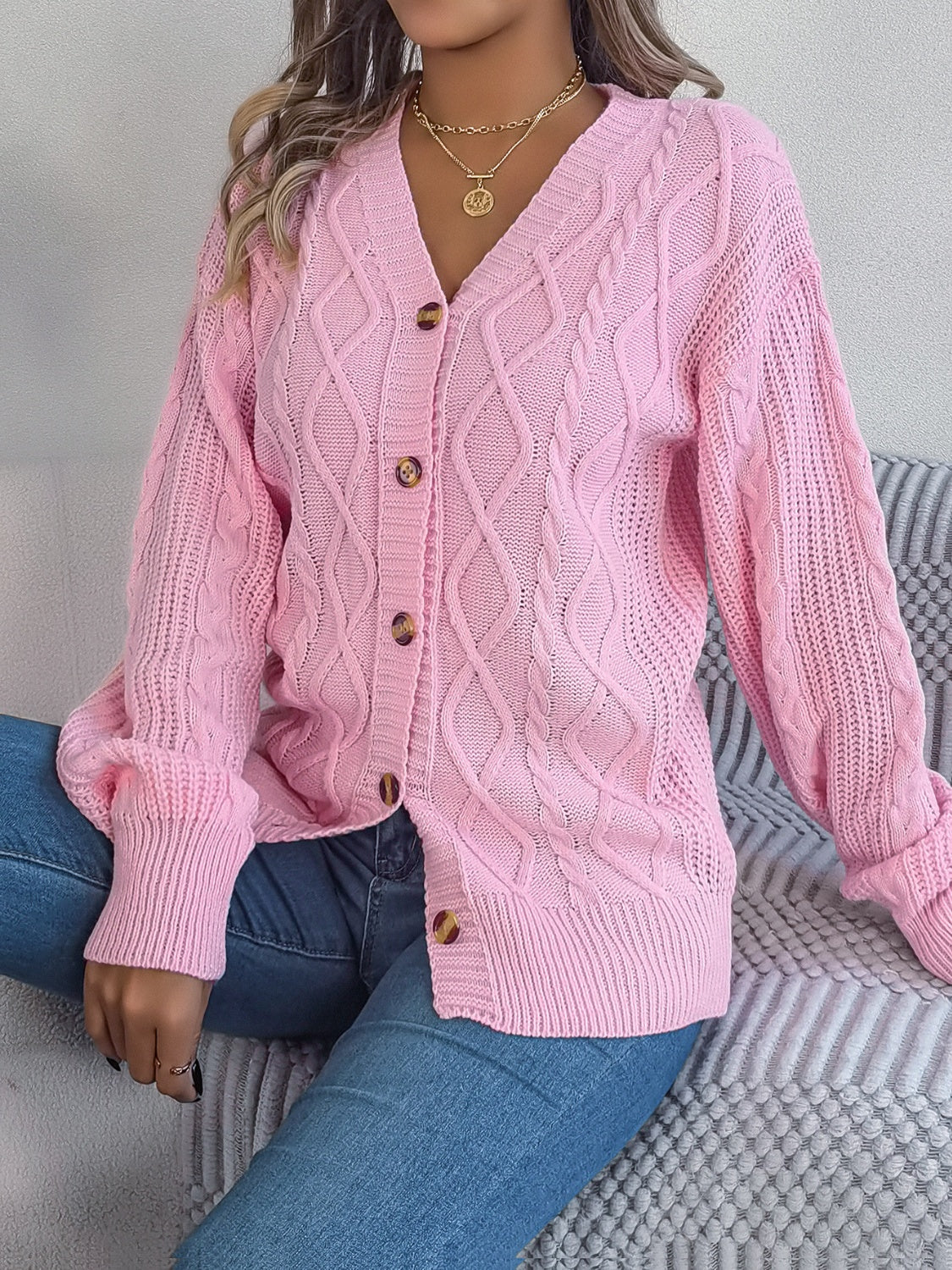 Cable-Knit Long Sleeve Cardigan-BT8D