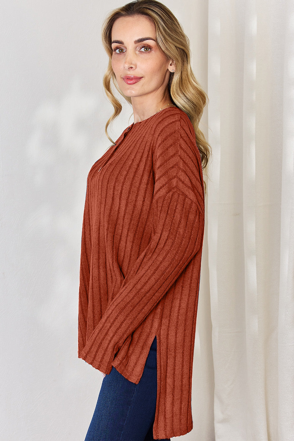 Basic Bae Full Size Ribbed Half Button Long Sleeve High-Low T-Shirt-BT8D