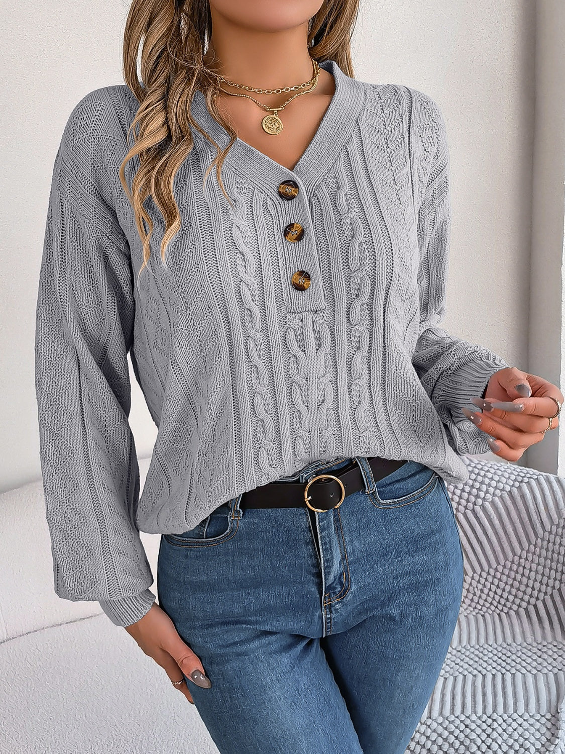 Cable-Knit V-Neck Long Sleeve Sweater-BT8D