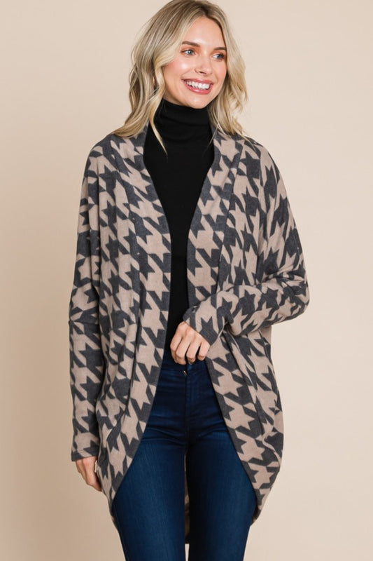 BOMBOM Houndstooth Open Front Cocoon Knit Cardigan-BT8D