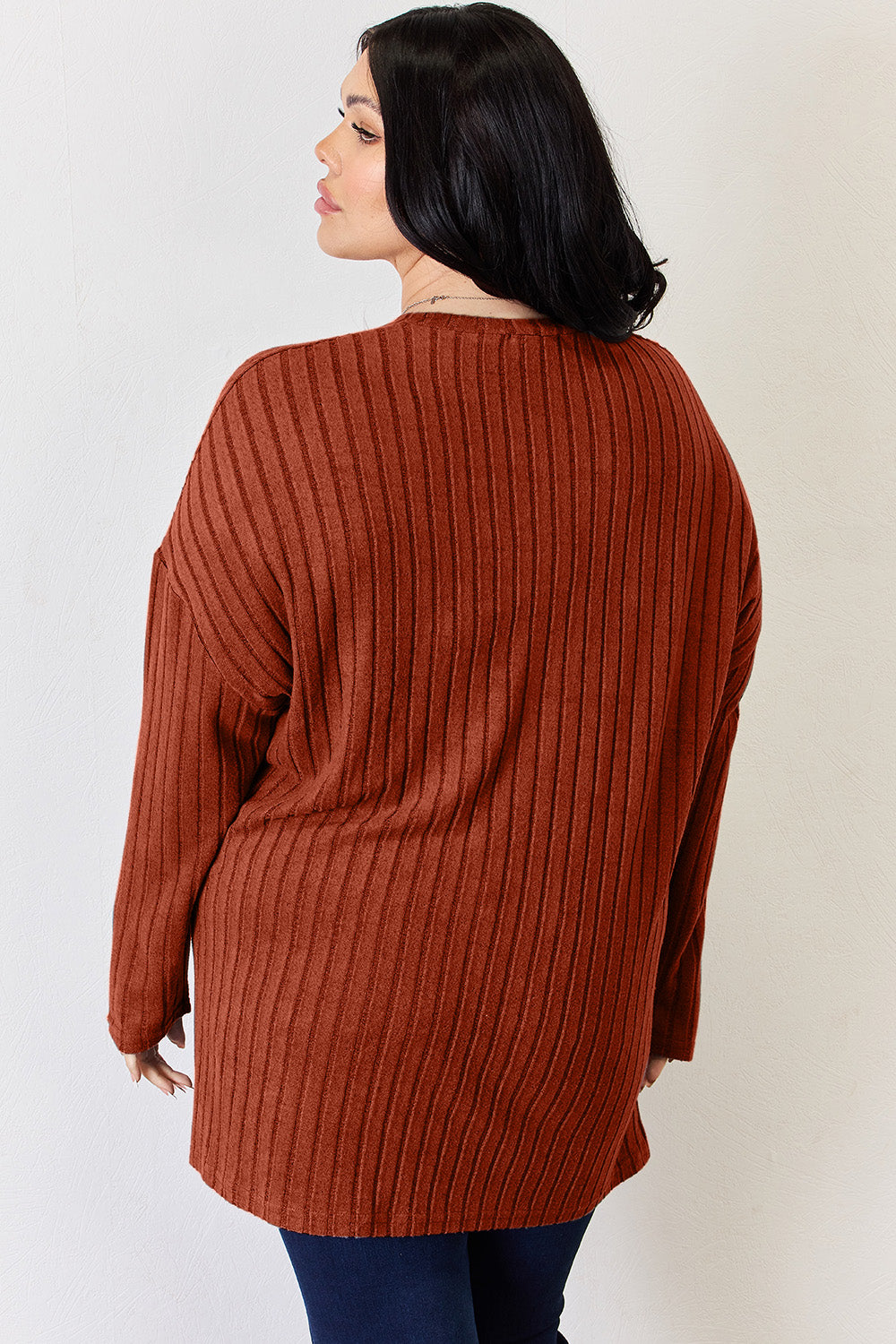 Basic Bae Full Size Ribbed Half Button Long Sleeve High-Low T-Shirt-BT8D