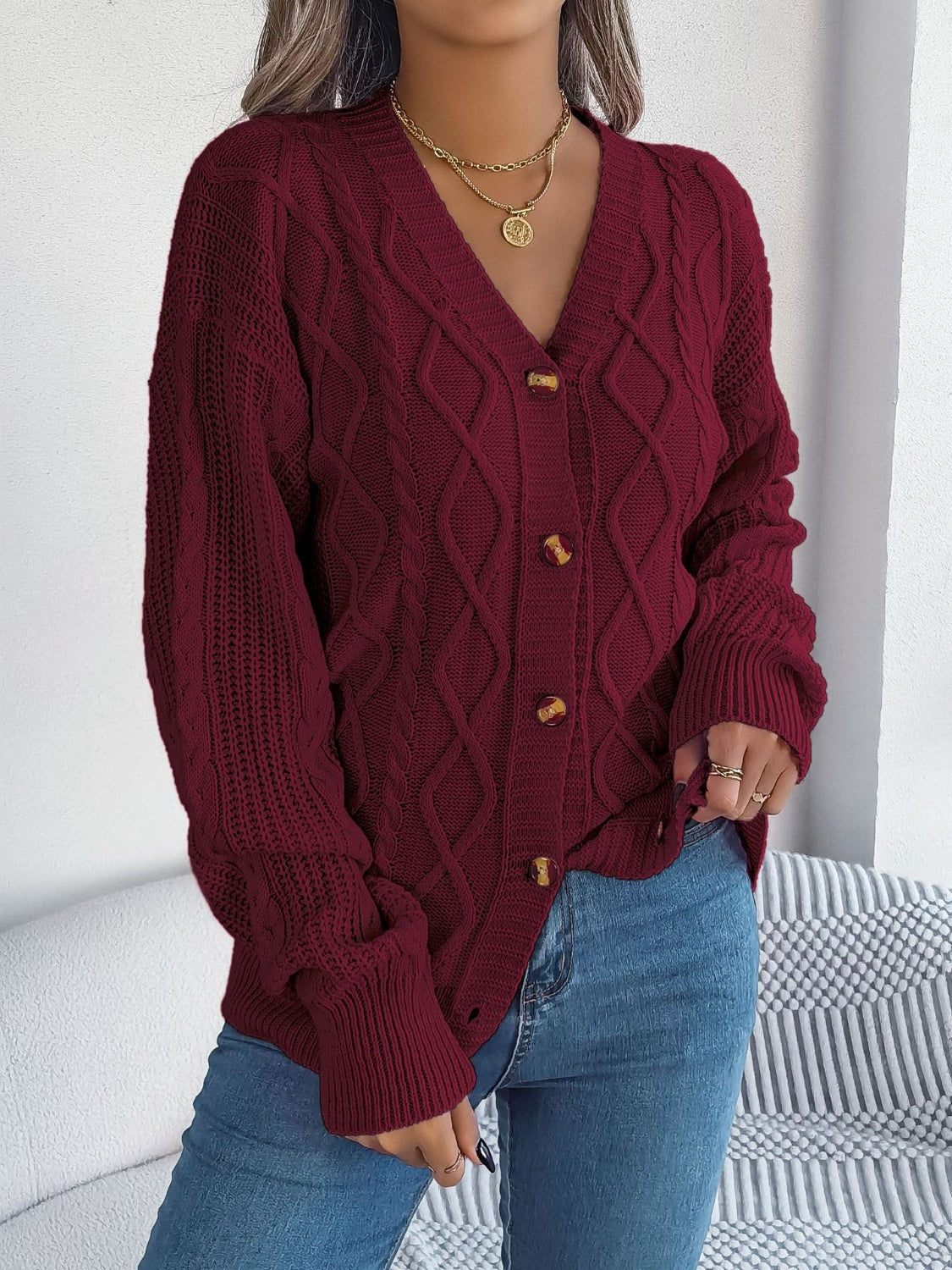 Cable-Knit Long Sleeve Cardigan-BT8D