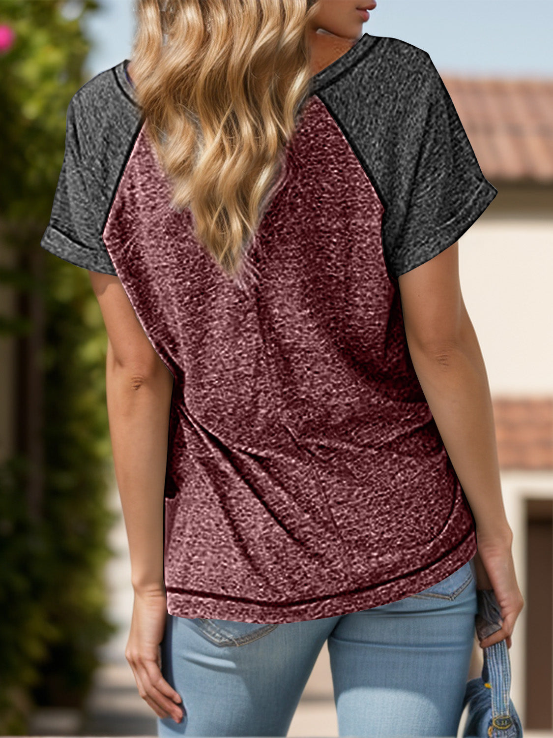 Contrast Notched Short Sleeve T-Shirt-BT8D