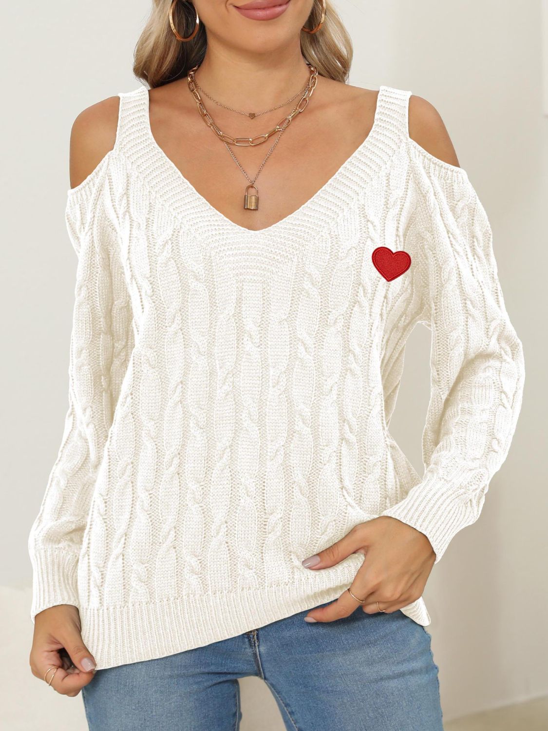 Cable-Knit Heart V-Neck Sweater-BT8D