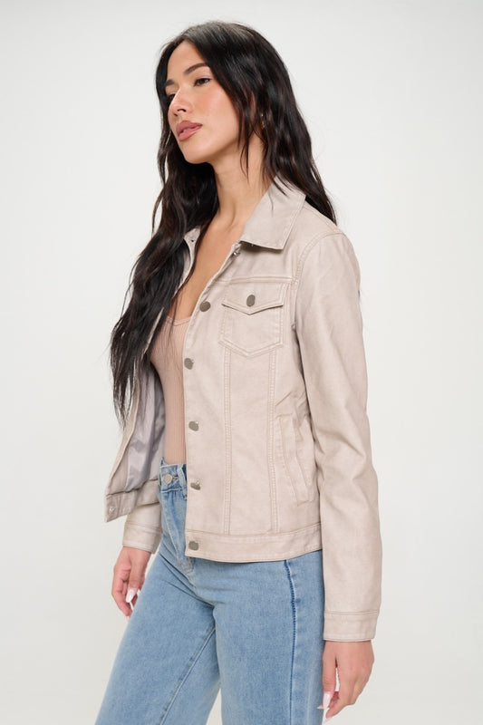 Coalition LA Button Down Cargo Vegan Leather Shacket-BT8D
