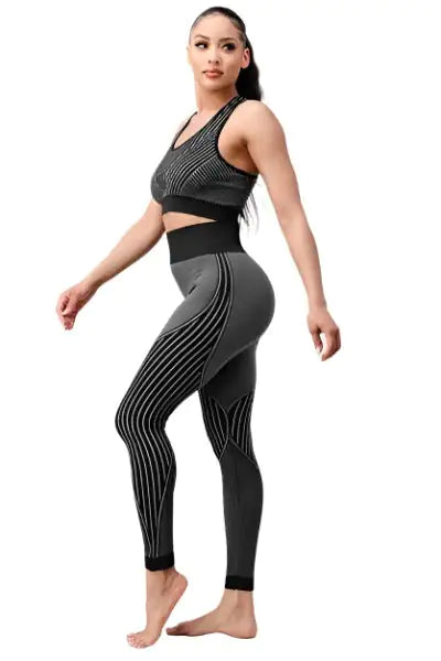2 Piece Outfits for Women's - Seamless Ribbed Yoga Outfits Sports Bra and Leggings Set-BT8D